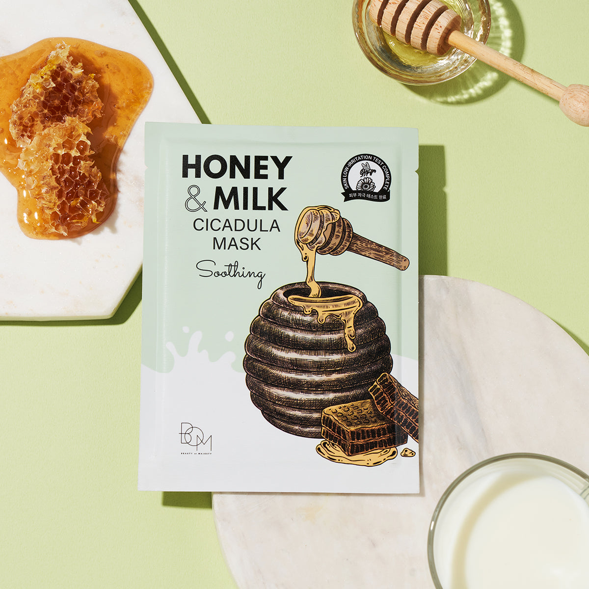 BOM Honey & Milk Cicadula Mask - raminanti odą lakštinė veido kaukė, 1 vnt.