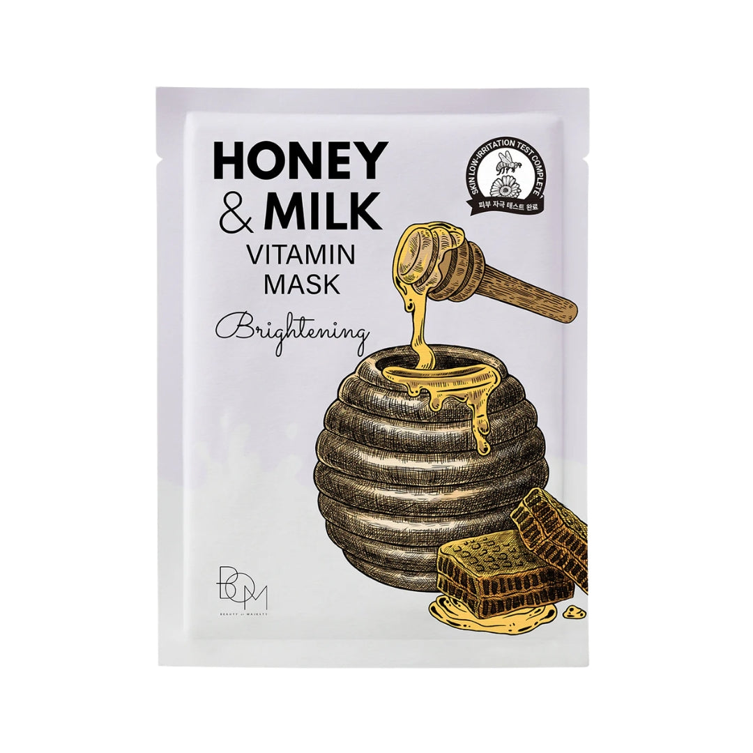 BOM Honey & Milk Vitamin Mask - skaistinanti odą lakštinė veido kaukė, 1 vnt
