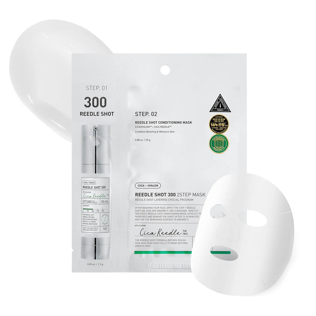 VT Cosmetics Reedle Shot 300 2Step Mask - ampulės ir raminamosios veido kaukės rinkinys