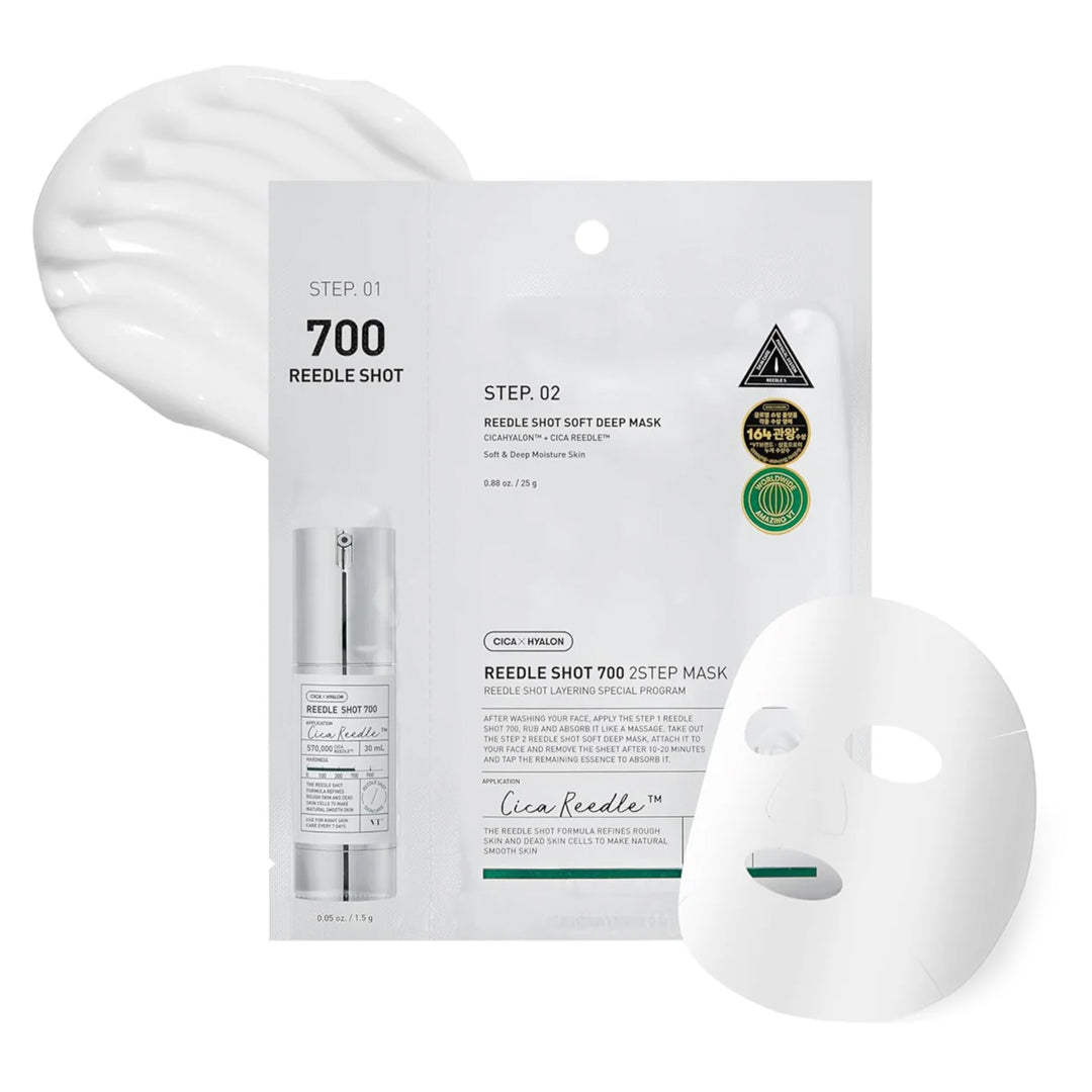 VT Cosmetics Reedle Shot 700 2Step Mask - ampulės ir raminamosios veido kaukės rinkinys